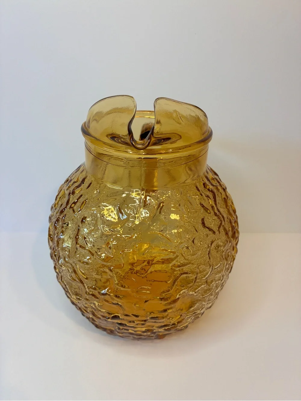 1960's Anchor Hocking Vintage Amber Honey Glass Ball Pitcher With Ice Lip